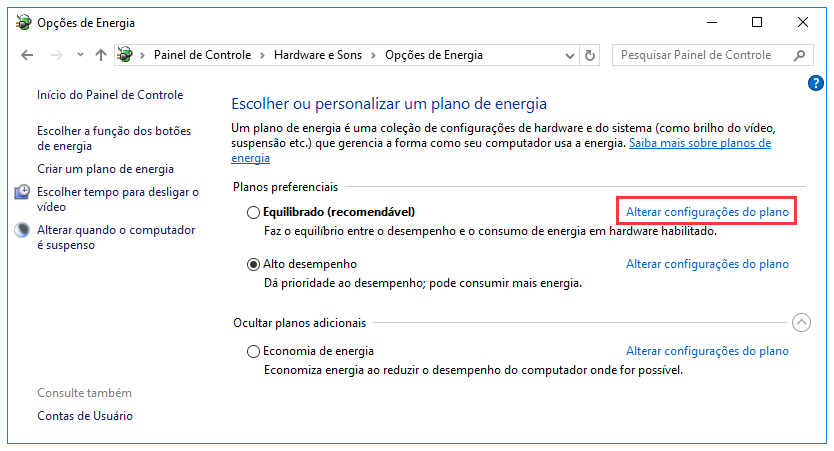 alterar as configurações do plano no painel de controle