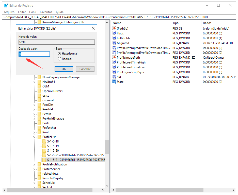 corrigir perfil de usuário corrompido no editor de registro do Windows 10