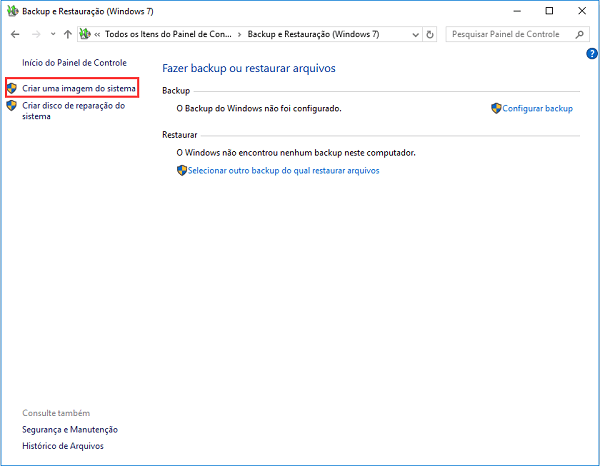 clique em criar uma imagem do sistema