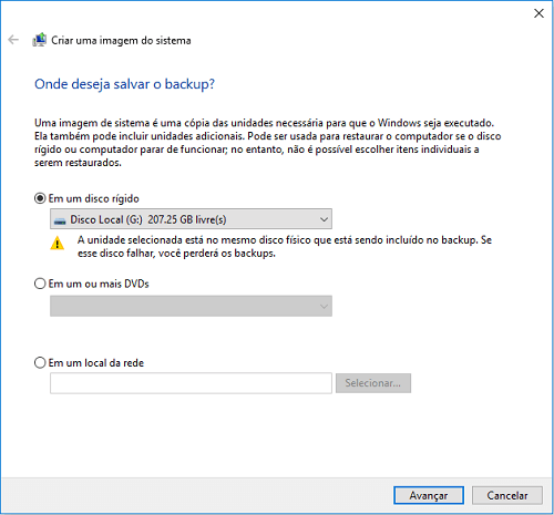 selecione o destino para salvar o backup completo do Windows 10