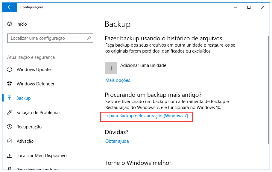 Abra o backup e restauração do Windows (Windows 7)