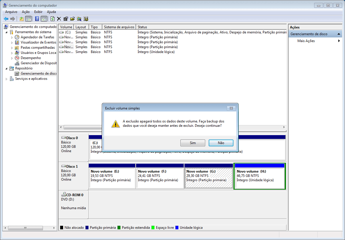 excluir partição do windows 7 com gerenciamento de disco