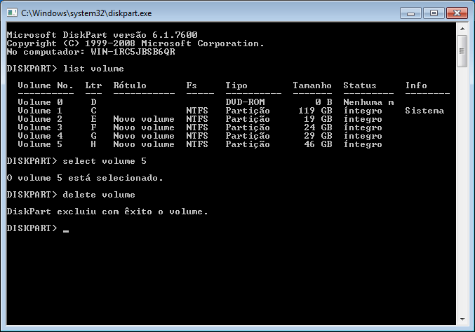 excluir partição pelo diskpart
