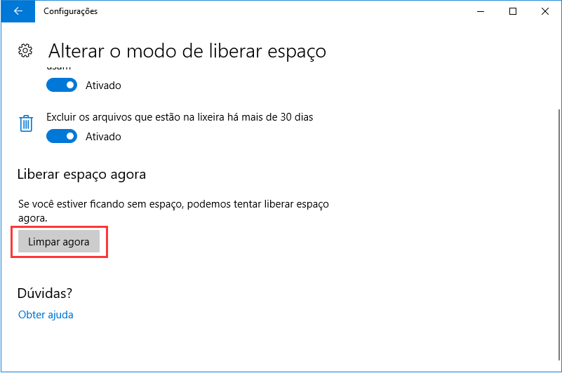 Remova Windows.old usando Storage sense