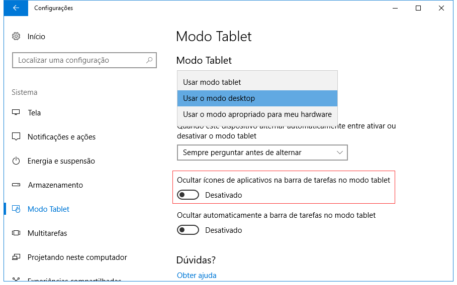 Desative o modo tablet para mostrar a área de trabalho desaparecida.