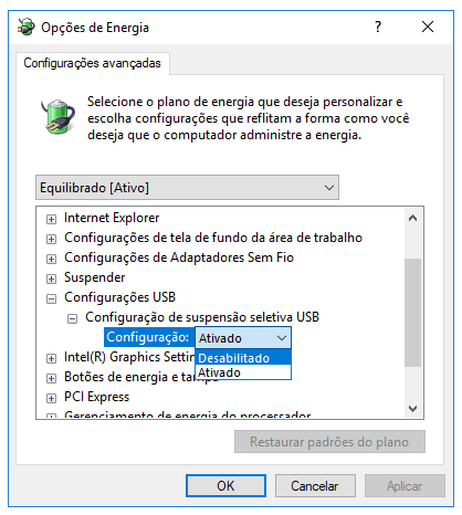 desativar a configuração de suspensão seletiva usb