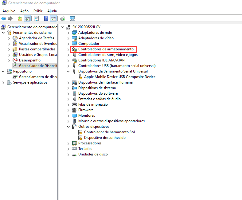 clique em controlador de armazenamento
