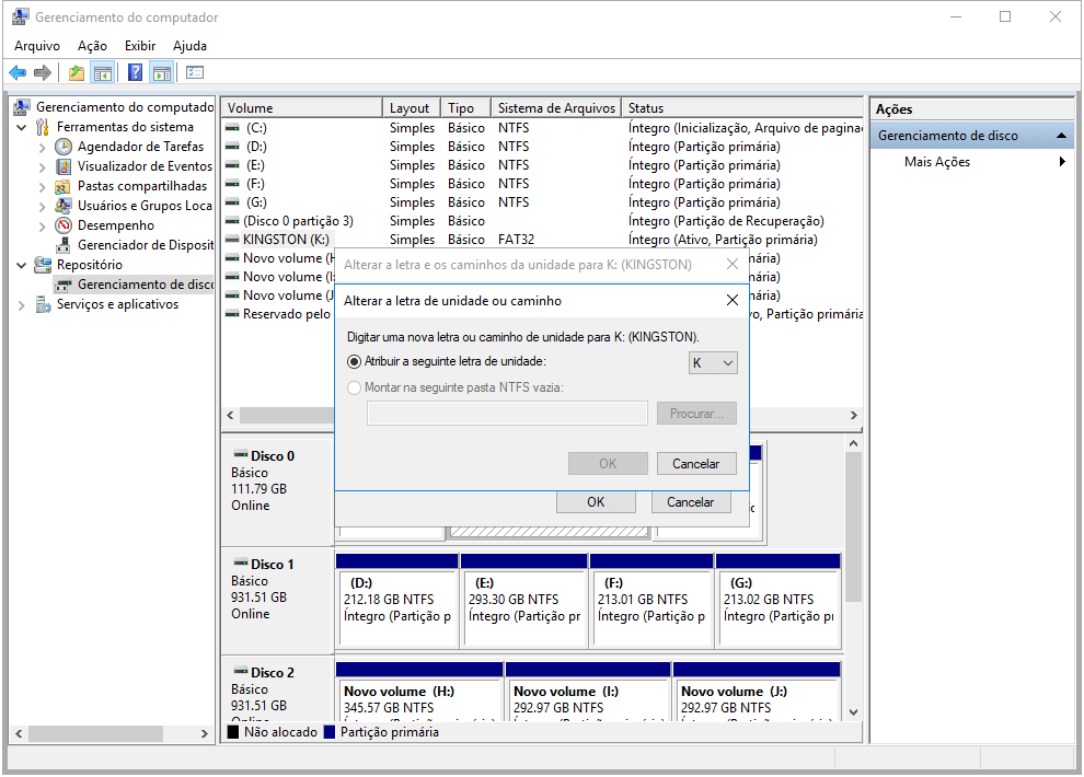 clique em adicionar para escolher uma letra de unidade