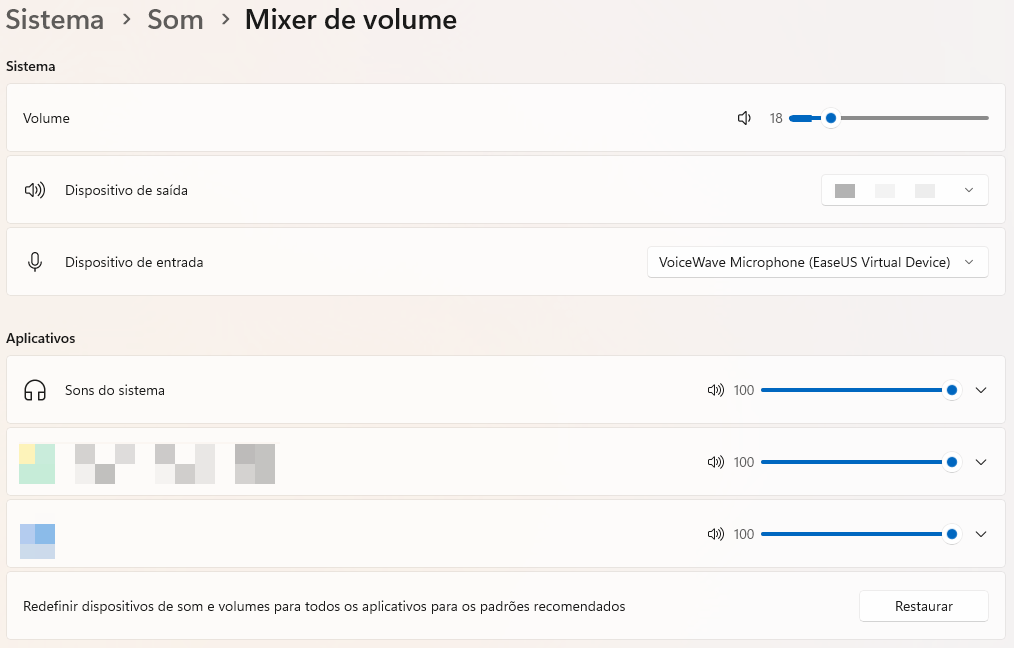 janela do mixer de volume