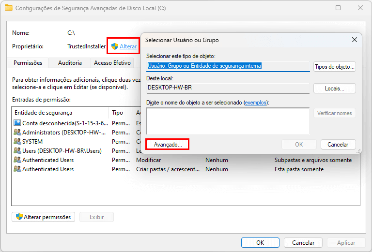 Alterar propriedade do disco