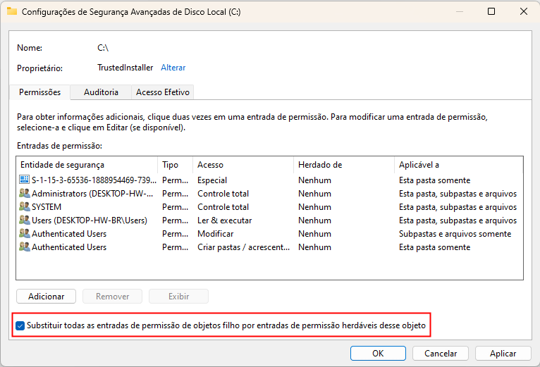 Permissão de configuração para novo usuário
