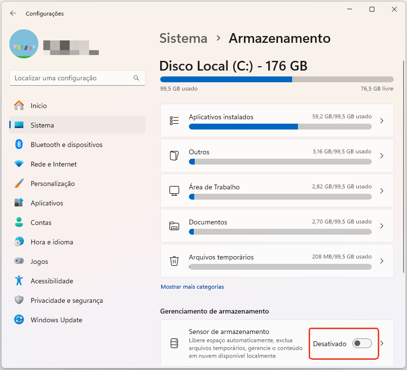 desabilitar sensor de armazenamento
