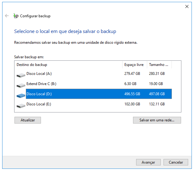selecione um disco rígido para fazer backup