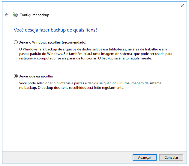 escolha o arquivo para fazer backup