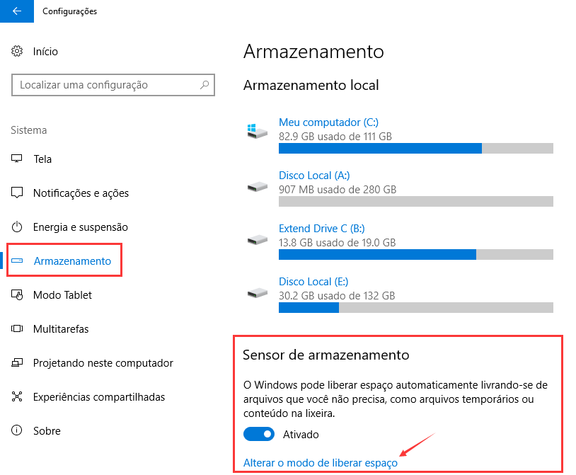 configurações de armazenamento