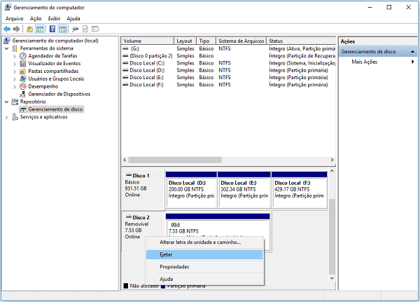 ejetar o disco rígido USB no gerenciamento de disco para corrigir o erro