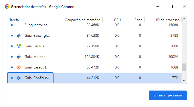 finalize o processo no gerenciador de tarefas do chrome