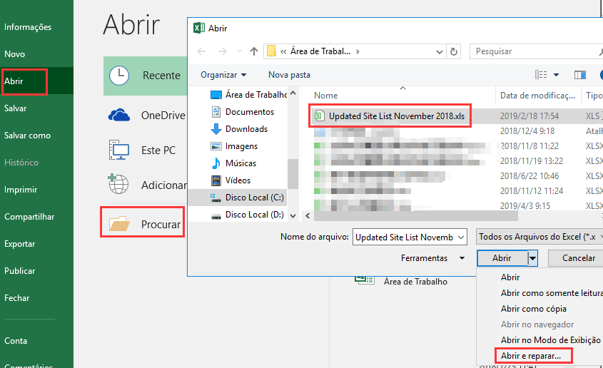 Corrigir erro 'O Excel não pode abrir arquivo' com o recurso Abrir e Reparar.