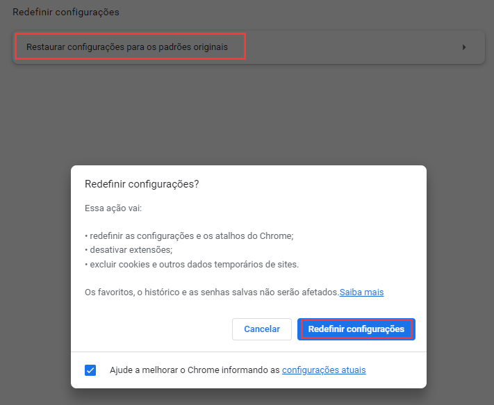 Redefinir as configurações