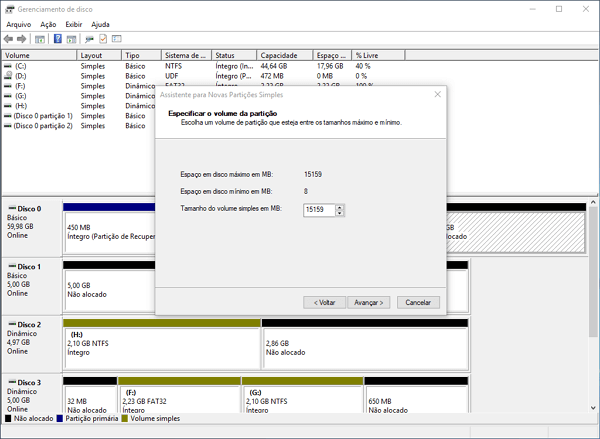 Defina o tamanho da partição no gerenciamento de disco