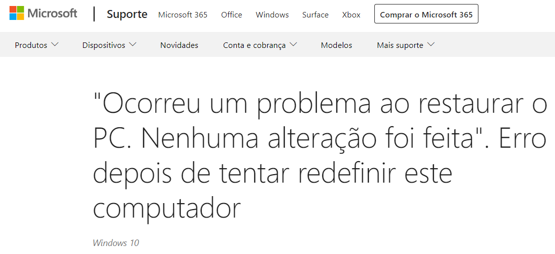 Ocorreu um problema ao reiniciar o PC