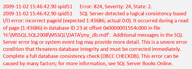 Erro de corrupção do banco de dados MS SQL 824.
