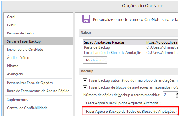 Fazer backup do onenote