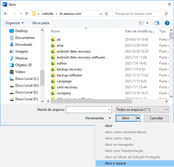 use abrir e reparar para reparar o documento do Word