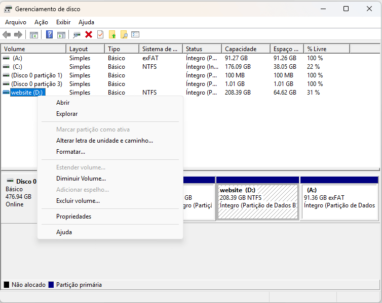 diminuir volume com o gerenciamento de disco