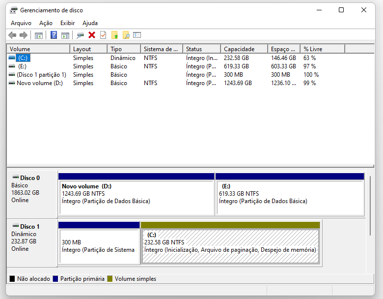 Captura de tela do gerenciamento de disco do Windows 11