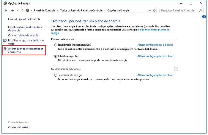 opção de energia no Windows 10