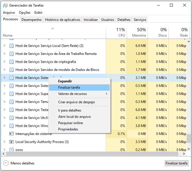 finalizar tarefa no gerenciador de tarefas para remover o erro 'este dispositivo está em uso'