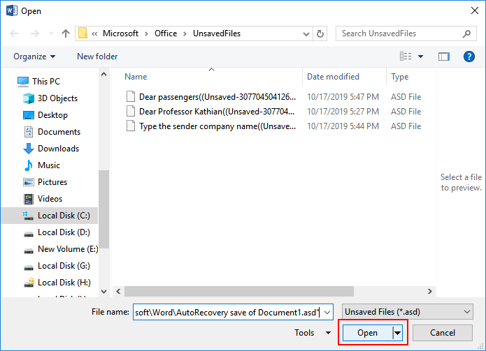 Abra e verifique o arquivo do Word não salvo.