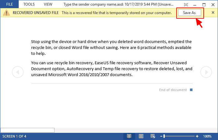 Word não salvo salvo como novo arquivo.