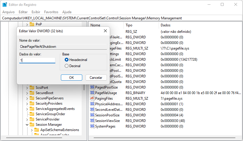 memória do editor de registro