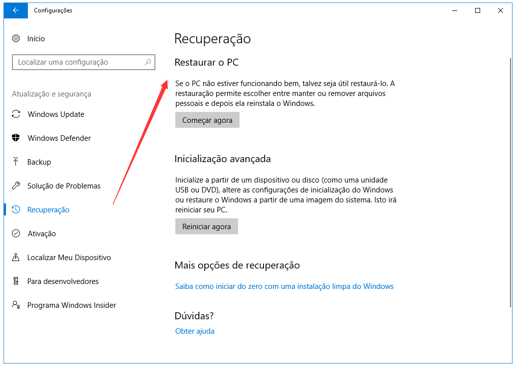restaurar o Windows 10 para corrigir o perfil de usuário corrompido no Windows 10