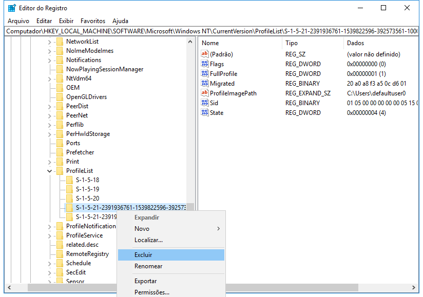 restaurar o perfil do usuário.