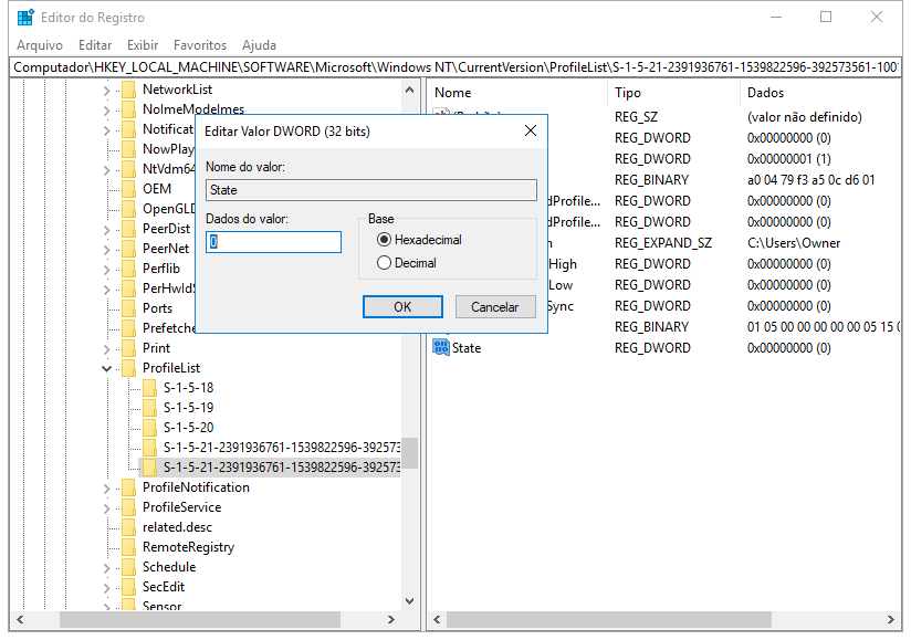 Altere os dados do valor para restaurar o perfil do usuário perdido.