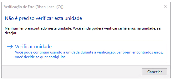 Erro na verificação do disco rígido.