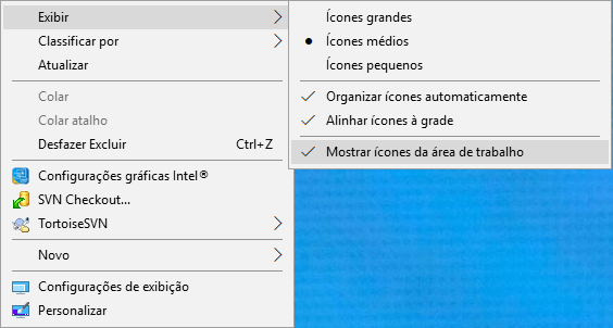 Mostrar ícones da área de trabalho.