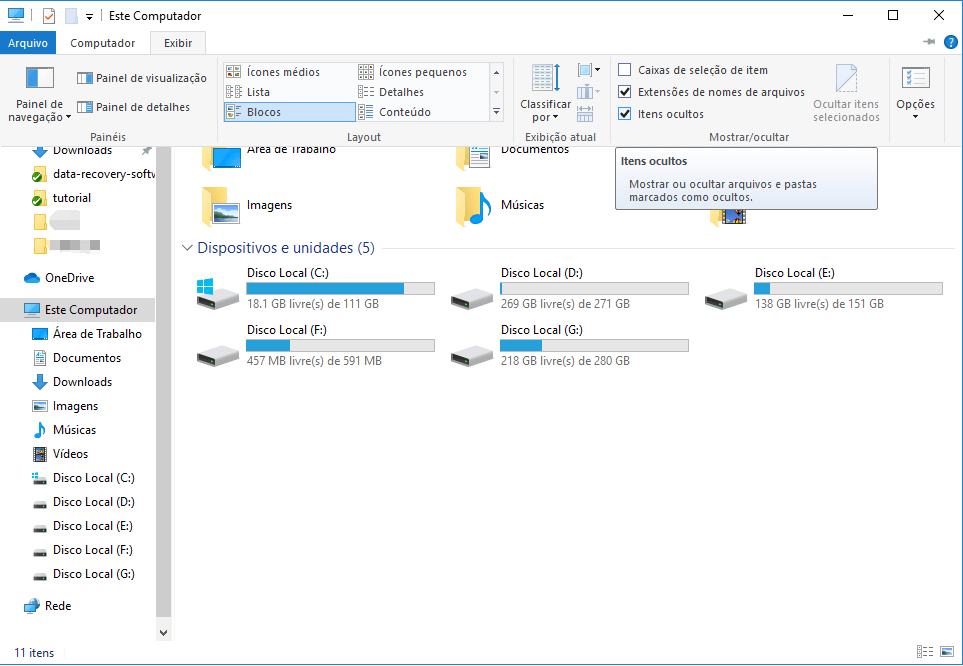 Mostrar arquivos ocultos no Windows 10 - Explorador de Arquivos