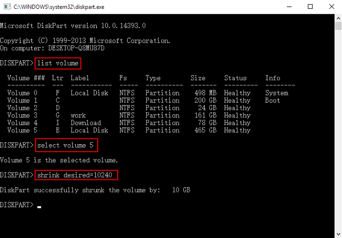 reduzir o disco no diskpart para redimensionar uma partição