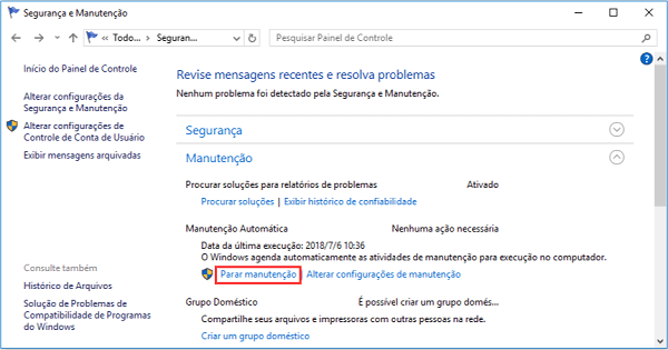 parar a manutenção do Windows 10