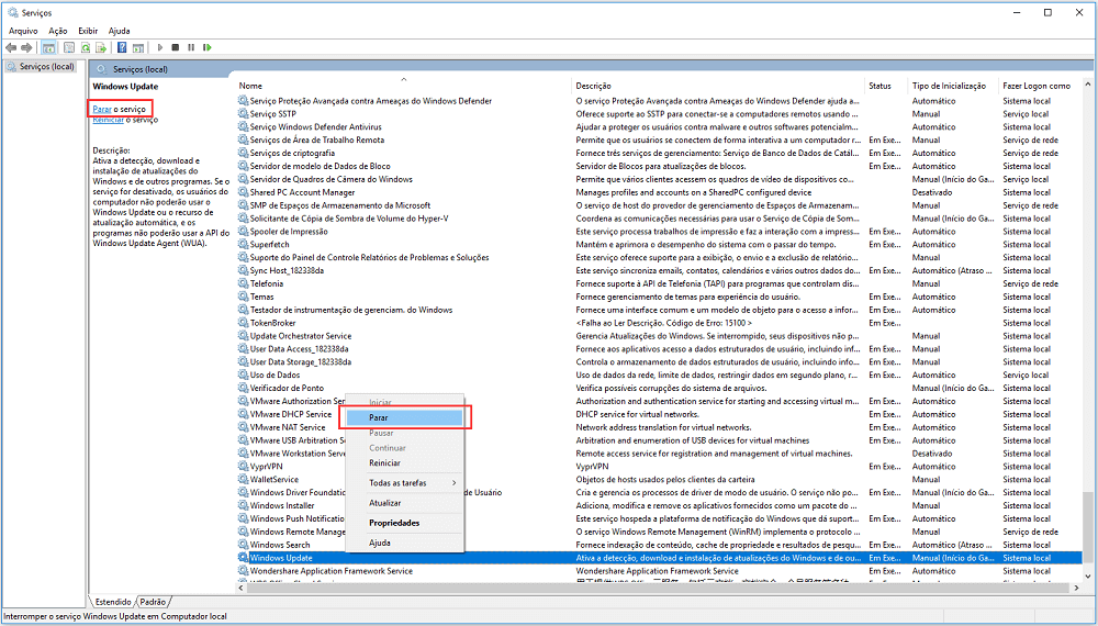 parar o serviço de atualização do windows
