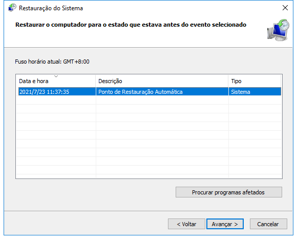 Escolha os pontos de restauração.