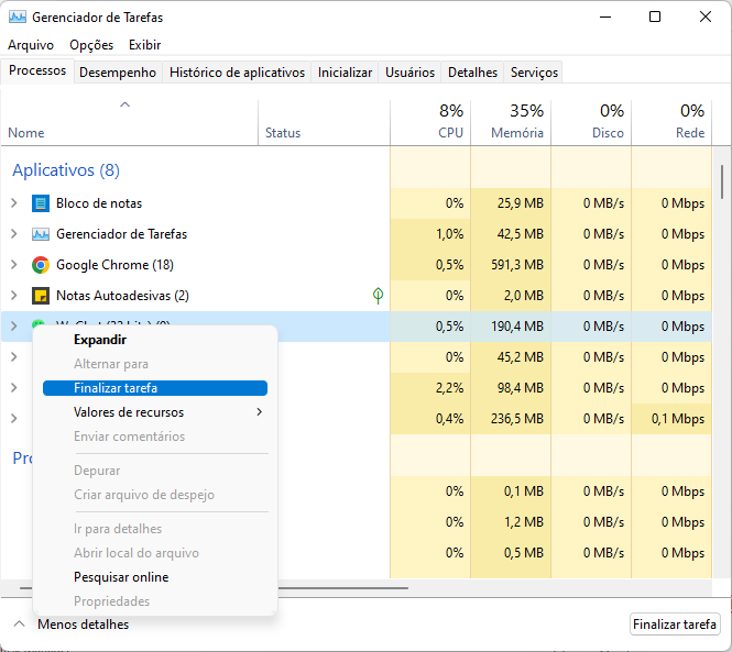memória do gerenciador de tarefas