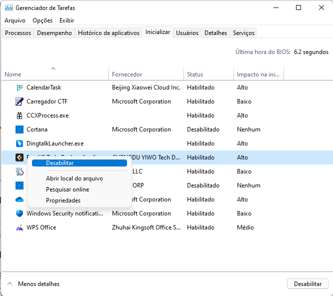 inicialização do gerenciador de tarefas