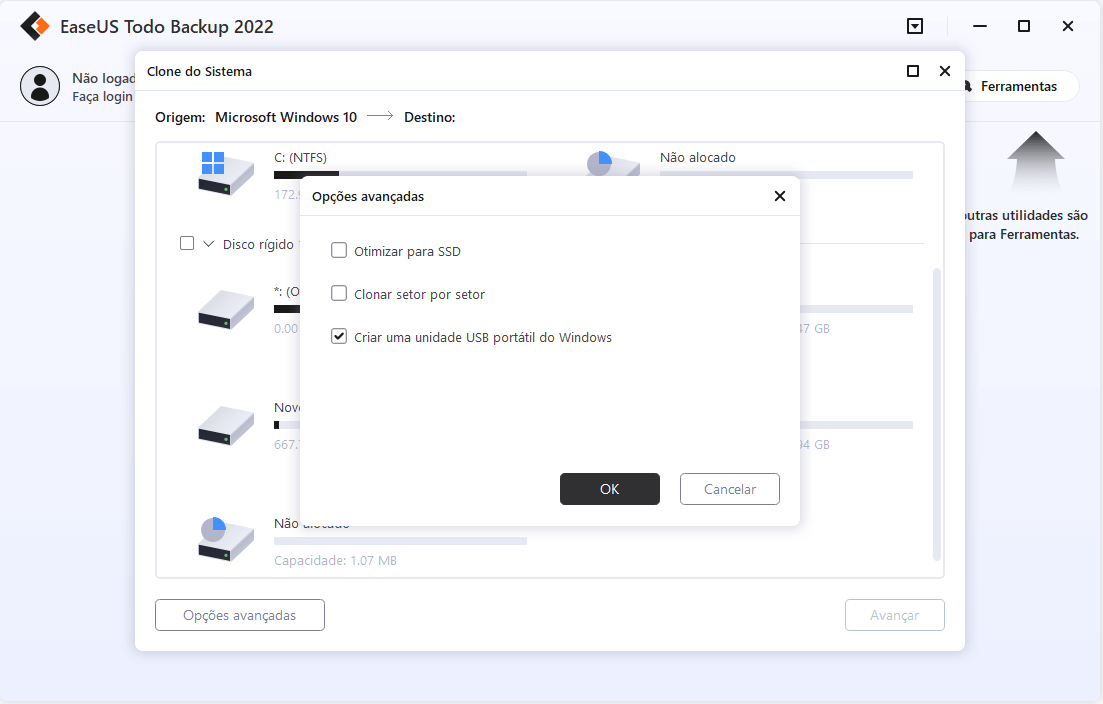 escolha a unidade USB para criar uma unidade USB portátil do Windows