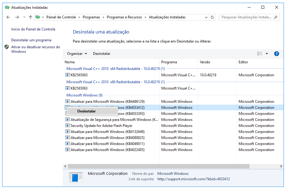 como corrigir erro de imagem ruim do Windows 10 - desinstalar atualização