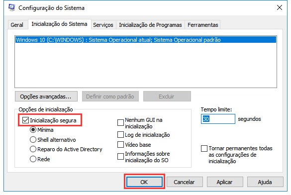 Confirme para reiniciar o Windows no Modo de Segurança.